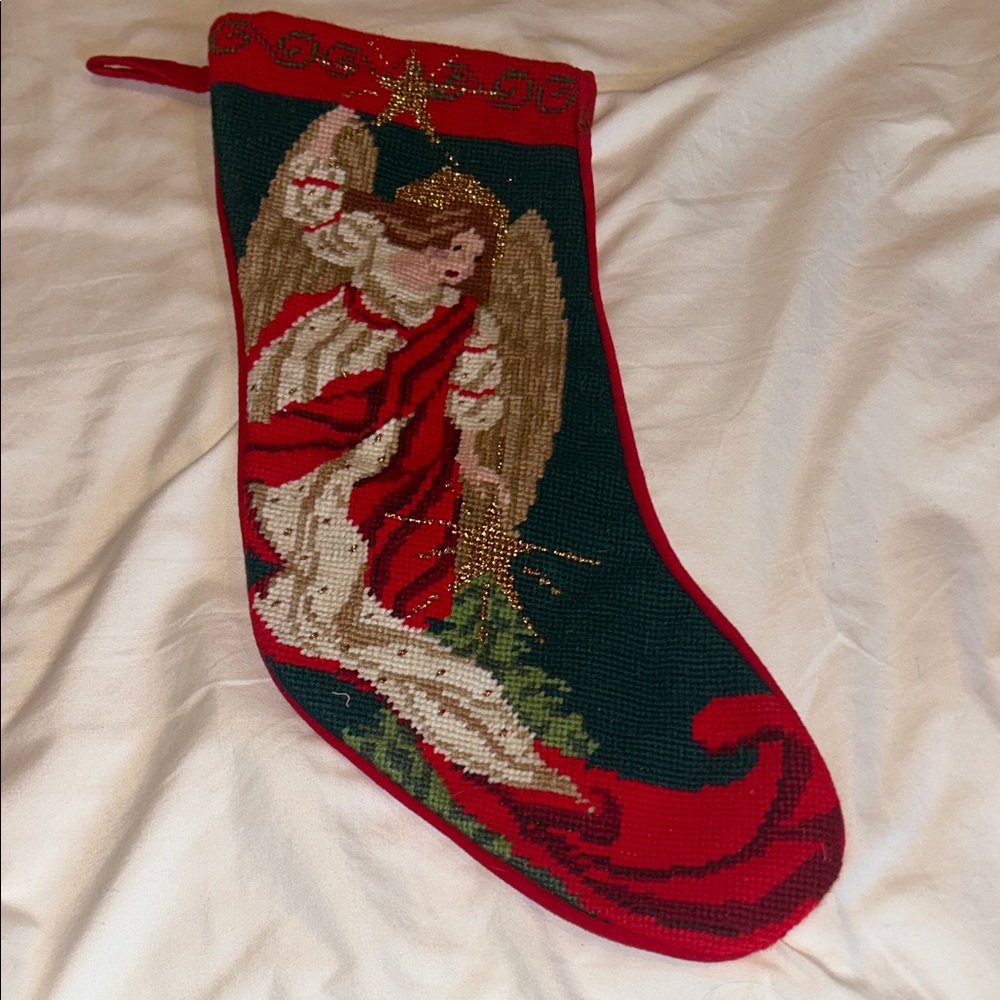 NWOT Needlepoint Angel Christmas Stocking Handmade Holiday Decor Cottagecore